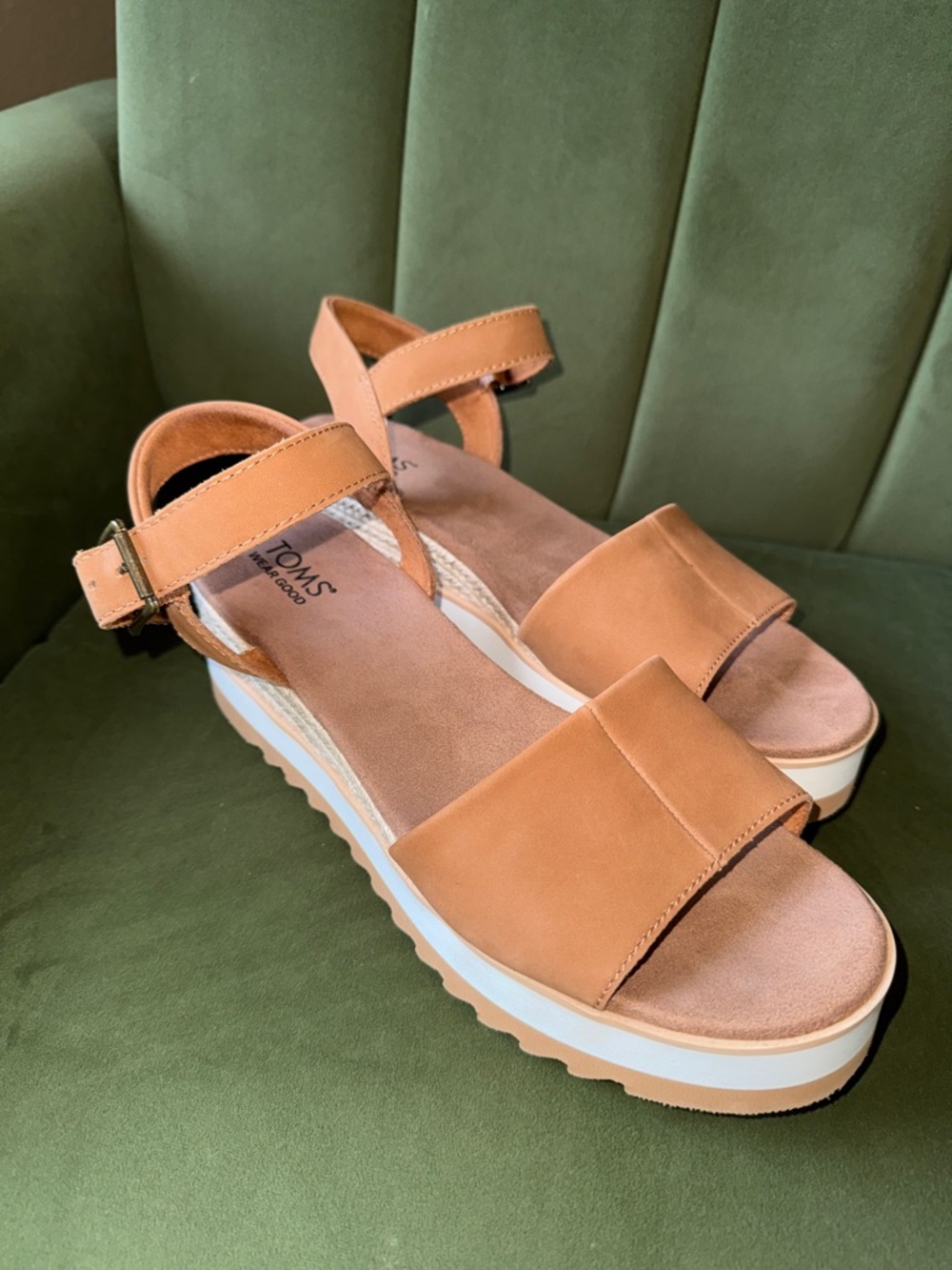 TOMS Tan Leather Platform Ankle-Strap Sandals